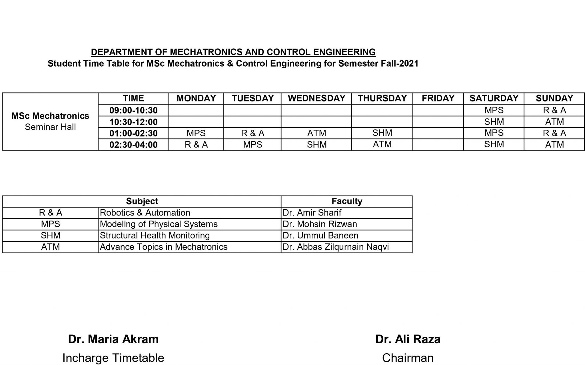 Time Table for M.Sc Mechatronics & Control Engineering Fall Semester
