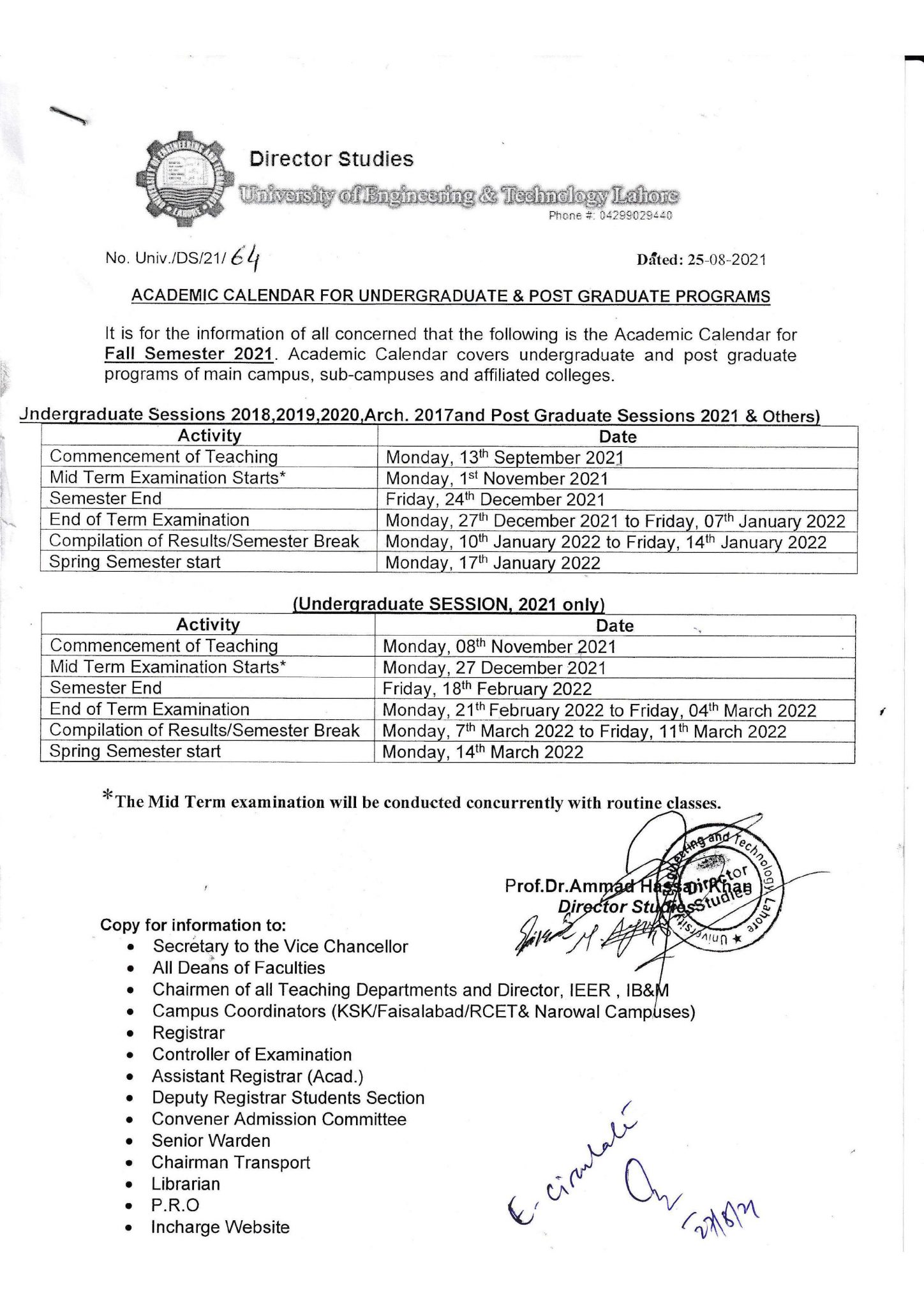 Academic Calendar Fall Semester 2021 Mechatronics & Control Engineering